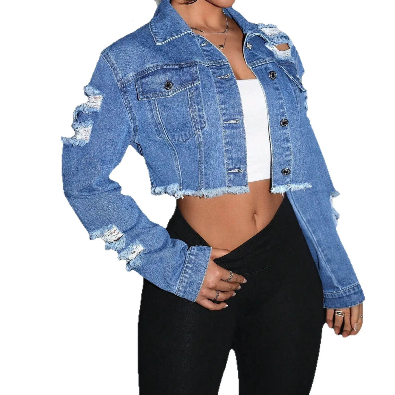 Denim Jacket Women Short Coat Hole Distressed Vintage Washed Single Breasted Turn Down Collar Autumn Female Outerwear Streetwear 251231