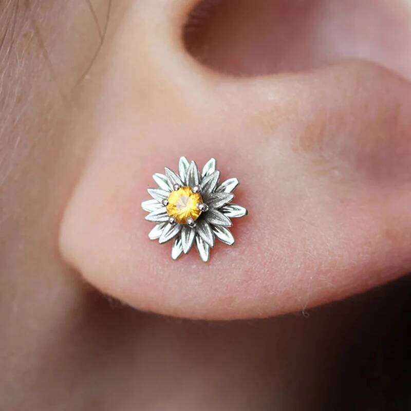 Huitan Dainty Flower Stud Earrings White/Golden Color Fancy Ear Accessories for Women Daily Wear Girls Gift Statement Jewelry
