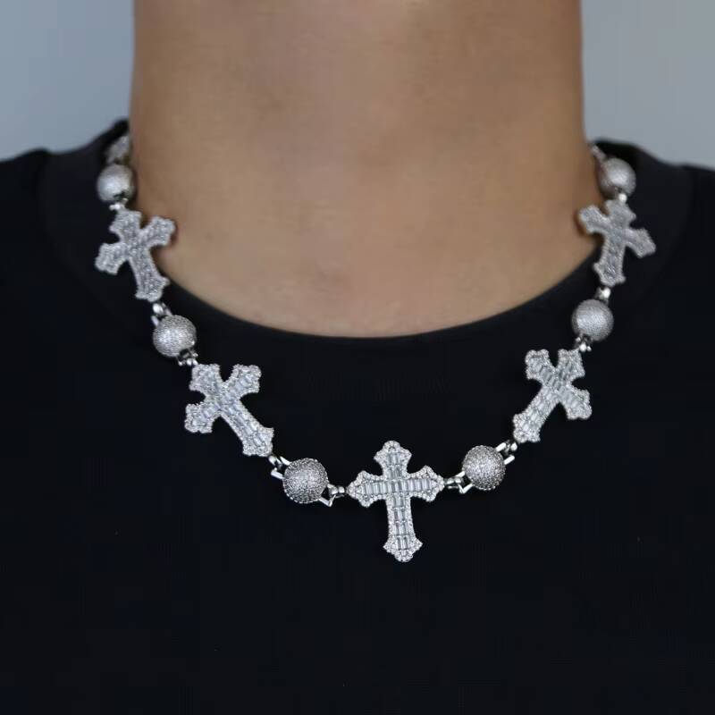 Iced Out Bling Cool Hip Hop Men Boy Jewelry Full 5A Cubic MoissaniteVVSia Moissanite Ball Cross Charm Chain Necklace