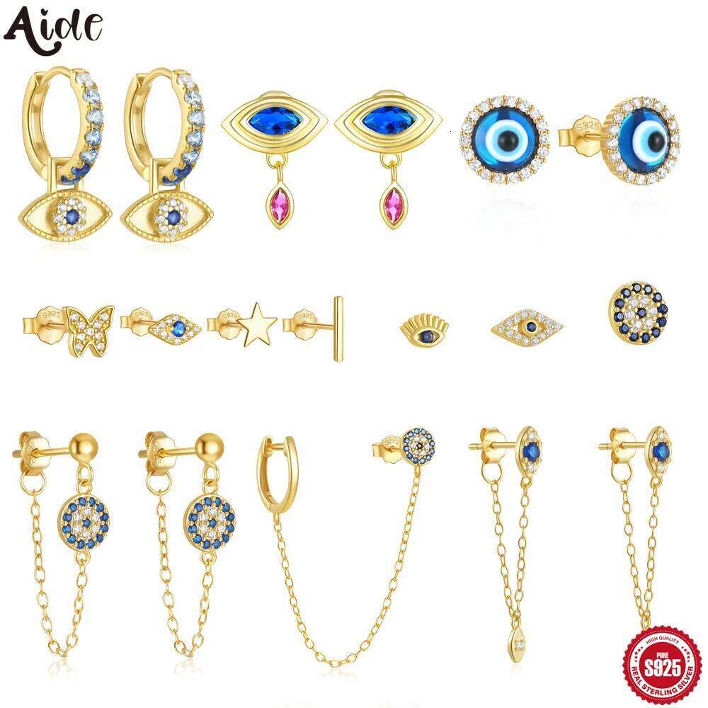 Aide Turkey Evil Eye Stud For Women Zircon Crystal Jewelry 925 Sterling Silver Punk Vintage Chain Earrings Female Gift