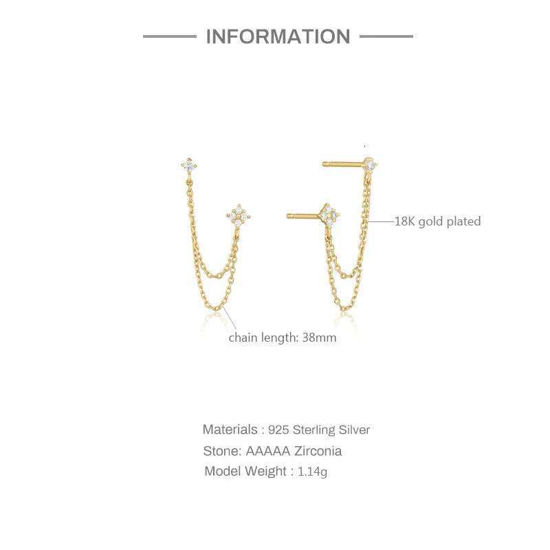 Aide 925 Sterling Silver Four Zircons Flower Stud Earrings For Women Double Studs Chain Tassel Piercing Earring 18K Gold Plated