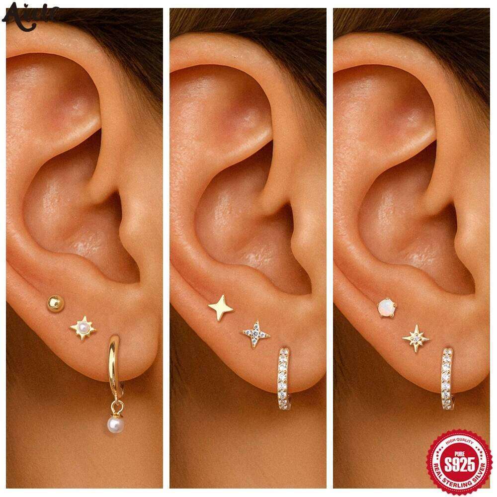 Aide 3pcs 925 Sterling Silver Star Earrings Set For Women Opal Cartilage Ear Bone Studs Student Christmas Party Gifts Jewelry