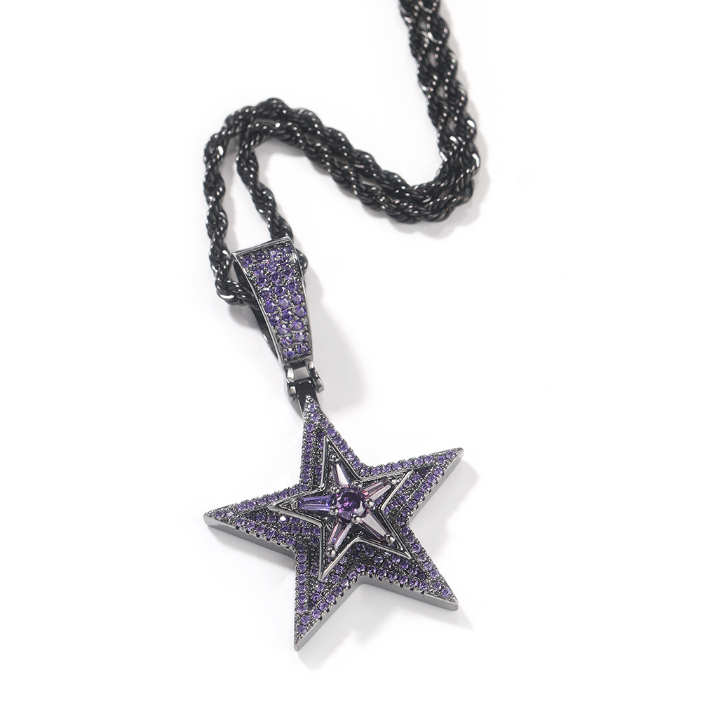 Rotatable Full Zircon Five Pointed Star Pendant Necklace Gold Plated Hip Hop Rap Jewelry