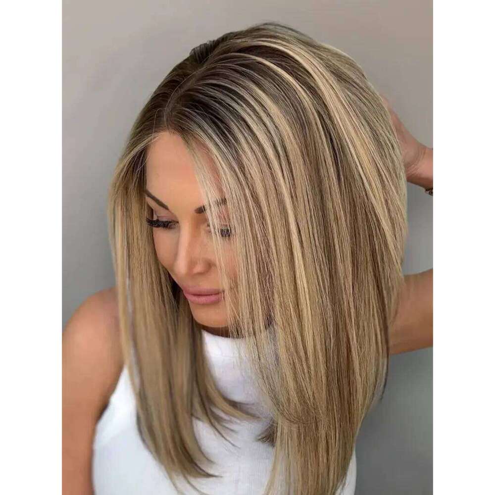 Natural Peplucked Hairline 13x4 Ombre Brown Blonde Balayage Short Straight Bob High Quality Synthetic HD Lace Front Wig 14''