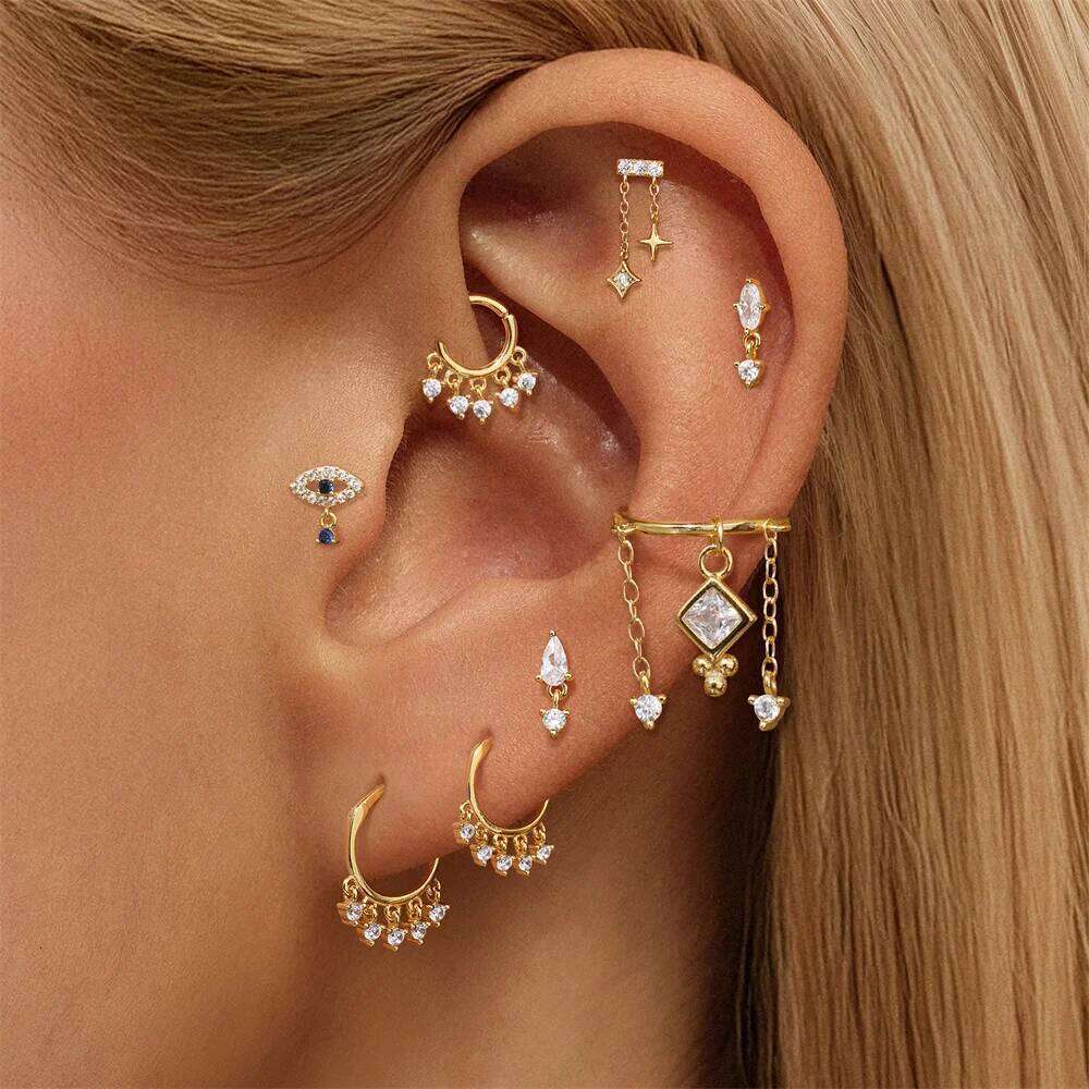 Aide 1PC Nature Style Threaded Puncture Ear Bone Nail 925 Sterling Silver Tassel Geometric Zircon Piercing Earring Studs Jewelry