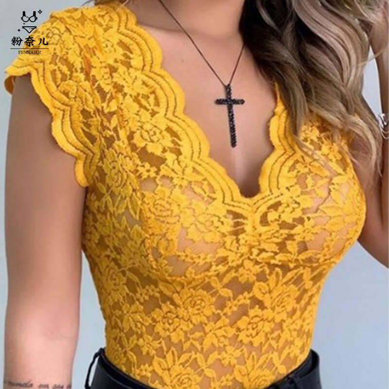2026 New Lace Trim V-neck T-shirt Sexy Sheer Top B3067