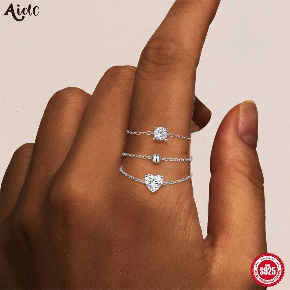 Aide S925 Sterling Silver Real Moissanite Adjustable Ring Heart Square Bead Chain Rings for Women Dainty Stackable Jewelry