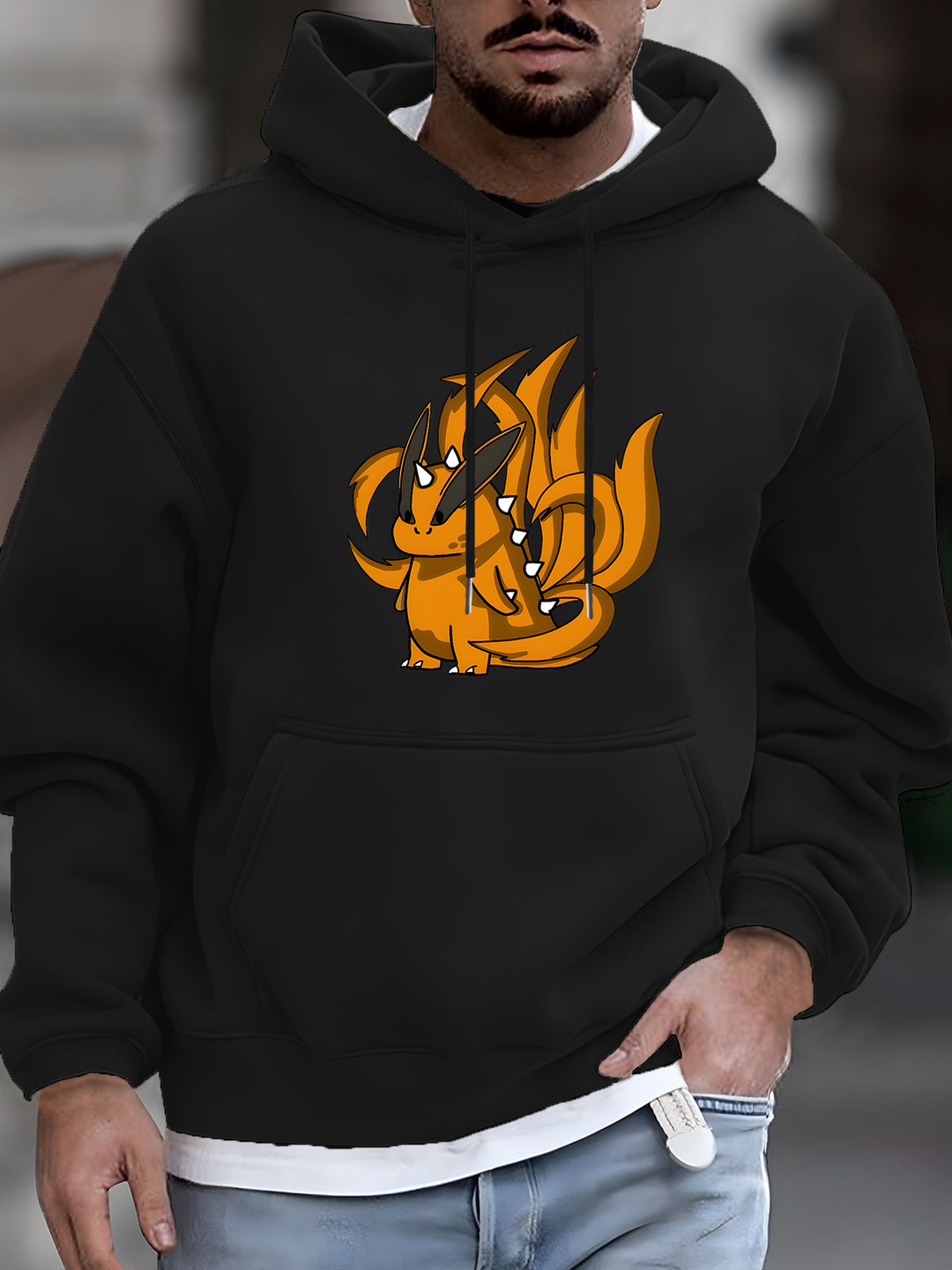 Men's Graphic Print Hooded Sweatshirt - Soft Polyester Blend Casual Pullover with Front Pocket, Vibrant Orange & Black Machine Washable for Autum