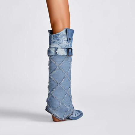 Chengdu Craftsmanship Washed Denim Knee High Boots 8.5cm Wedge Heel Pointed Toe Belt Buckle Boots