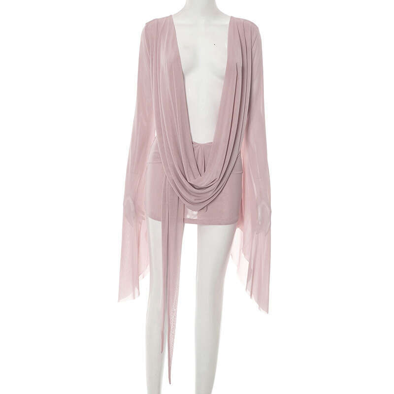 D25DS222 European and American Cross-Border New Women's Fashion Mesh Swing Collar Long Backless A-Line Short Sleeve Dress for Women