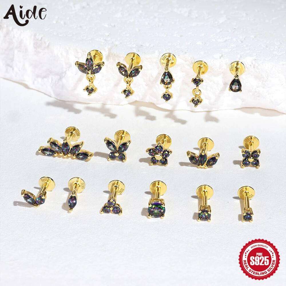 Aide Genuine Gleaming Rainbow Quartz Stone 925 Sterling Silver Stud Earrings Women Fashion Statement Gemstone Piercing Jewelry