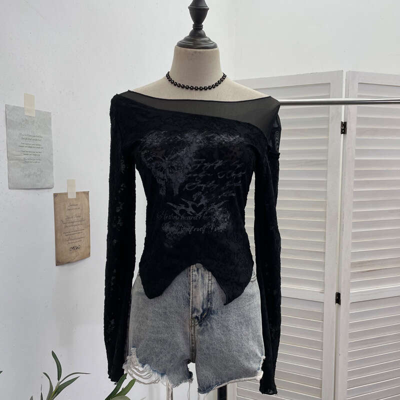 Real Shot Wasteland Style Butterfly Graffiti Mesh Patchwork Textured Long Sleeve T-Shirt Hot Girl Short Slim Top 2753