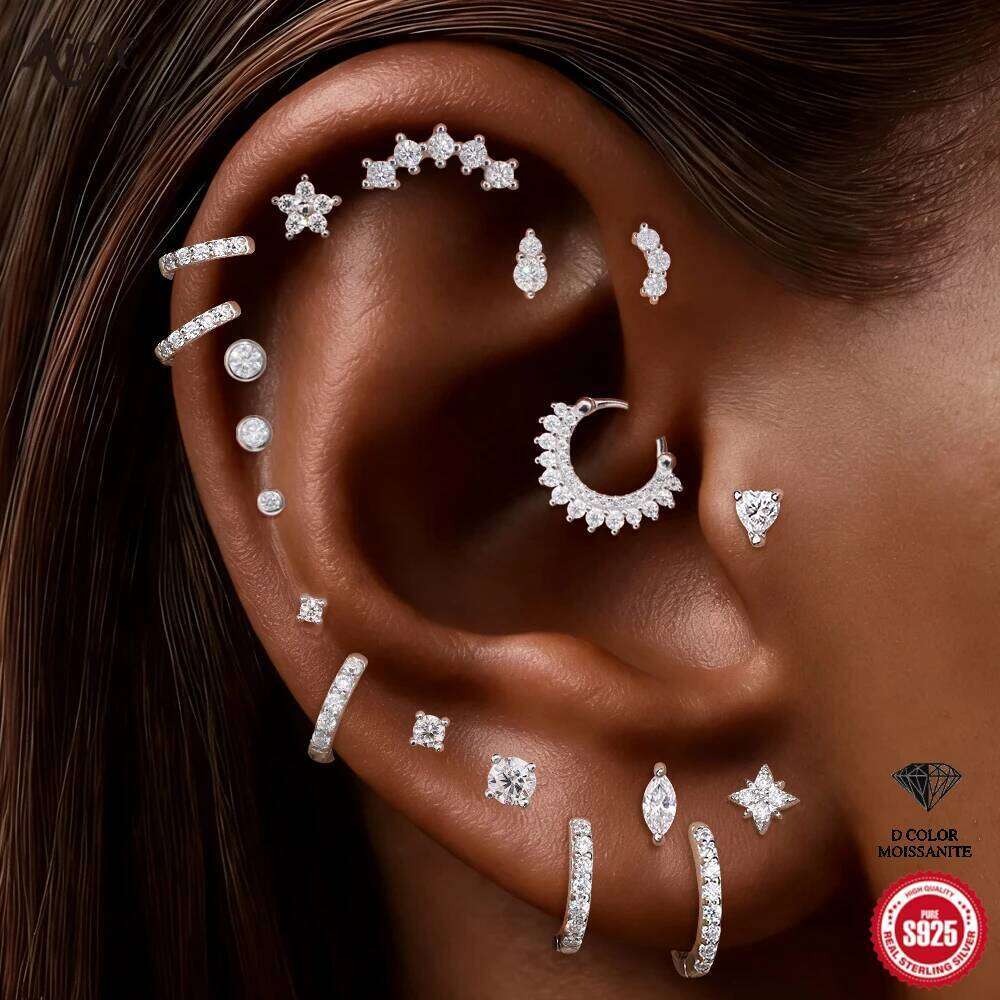 Aide Sparkling Moissanite Piercing Earring in 925 Sterling Silver for Women Luxury Diamond Ear Stack Perfect New Year's Gift