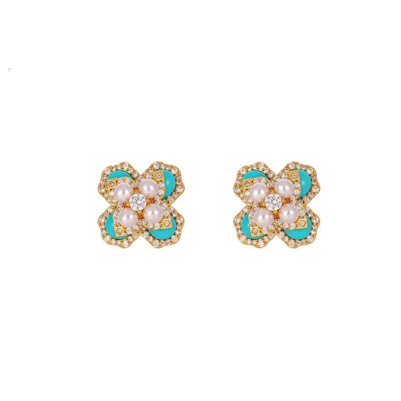 New Chinese Style Blue Turquoise Pearl Stud Three-Dimensional Four-Leaf Flower for Women Niche High-End Elegant Fashion Earrings