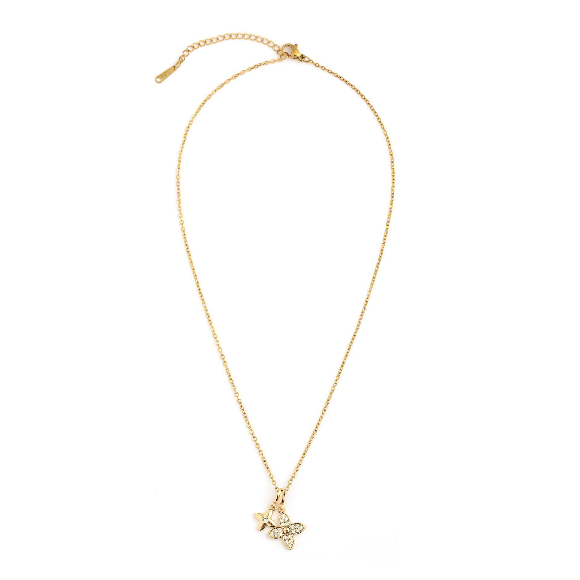 Luxury Brand Designer Jewelry Fashion Micro-Inlaid Double Four-Leaf Flower Pendant Titanium Steel Necklace For Women Real Gold Plating Color Retention