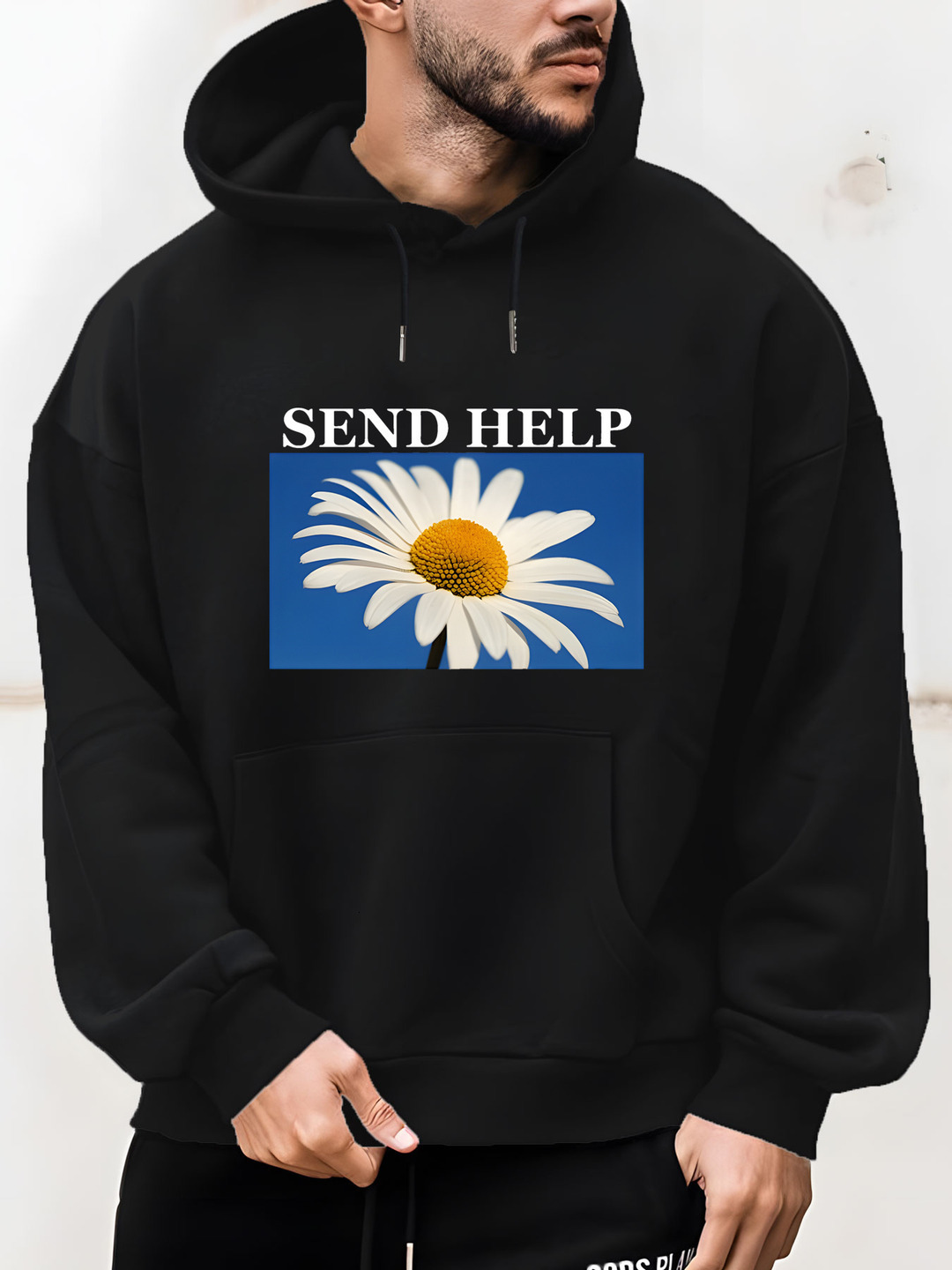 Men'S "SEND HELP" Graphic - Soft Polyester Blend, Long Sleeve Pullover with Front Pocket, Blue Daisy Print, Ideal for Fall & Winter, Ca