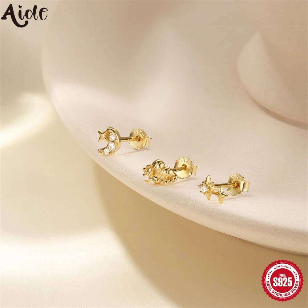Aide 3PCS 1 Set Real 925 Sterling Silver Stud For Women Stars Zircon 18K Gold Classic Earrings Fashion Jewelry Gifts