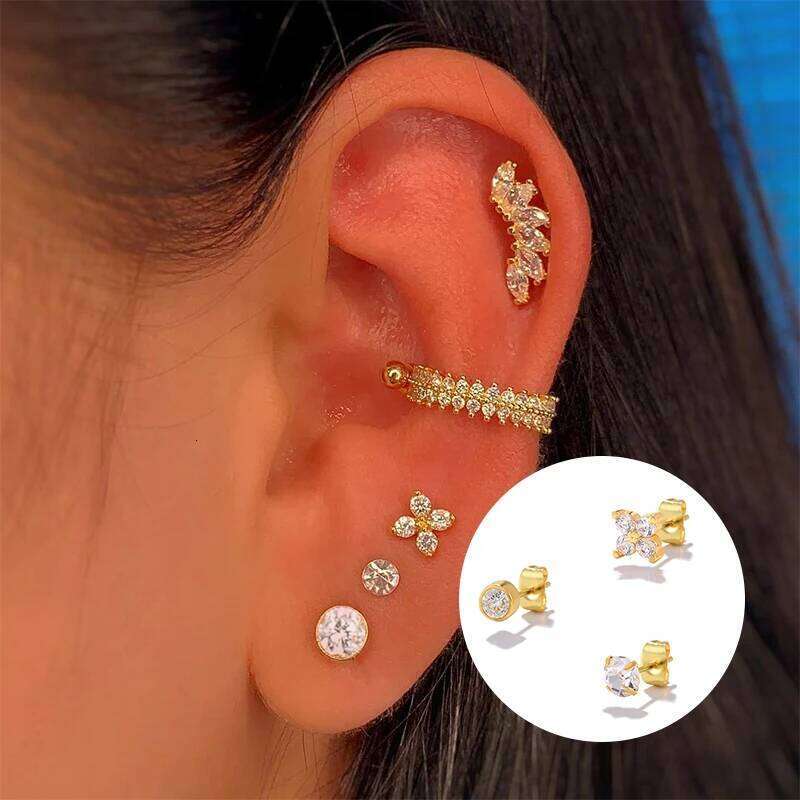 Aide White Zircon Flower Heart Set For Women Temperament Double Circle Blue Crystal Chain Tassel Piercing Stud Earrings