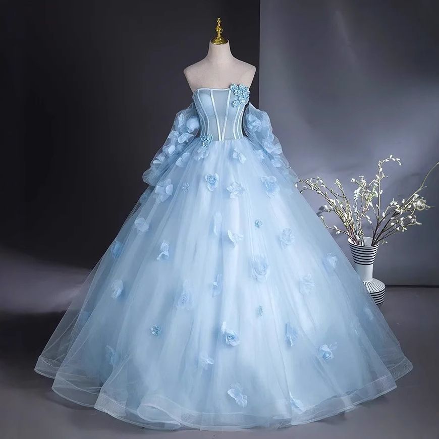 Princess Light Blue Ball Gown Evening Dresses For Women Formal Occasion Robes Celebrity Runway Prom Engagement Gowns Cheap J03