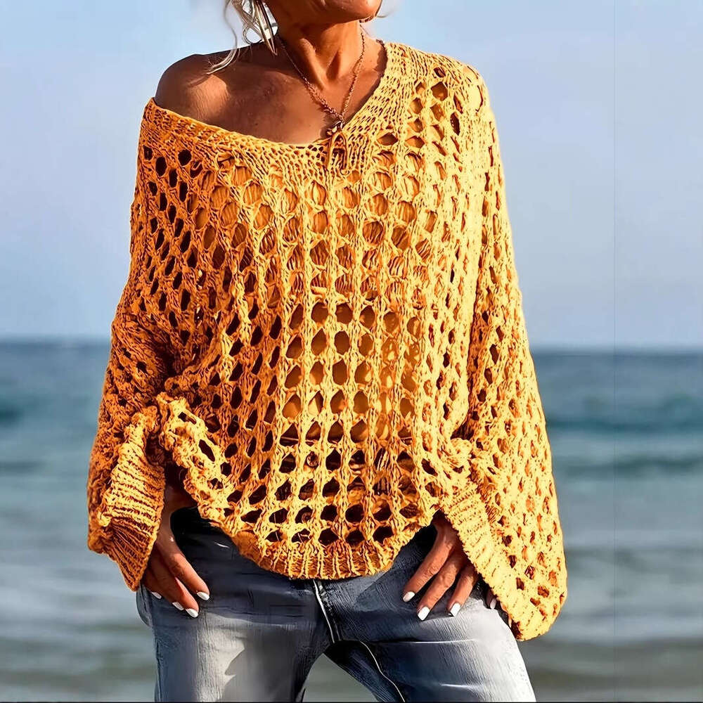 2025 New Sexy Hollow Sunscreen Vacation Knitted Shirt for Women Spring Summer Beach Cover-Up Top
