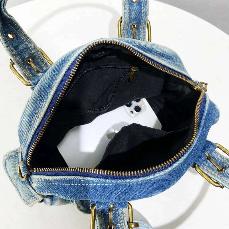 Korean Casual Denim Bowling Bags For Women Luxury Designer Handbag And Purses 2025 New In Vintage Washing Process Small Shoulder
