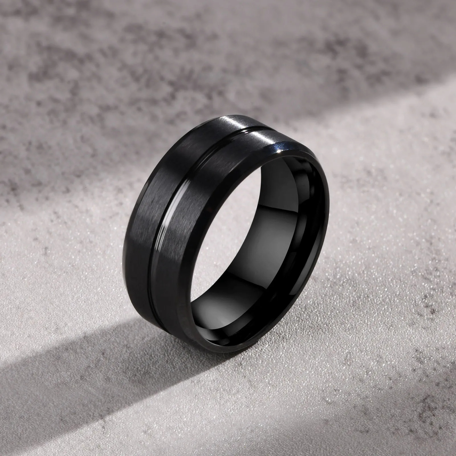 Vnox 8mm Black Men Ring Black Grooved Stainless Steel Finger Band Basic Male Boy Wedding Rings Classic Jewelry 251230