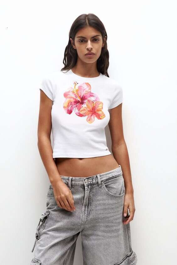 2026 Summer New Floral Print Cute Casual Versatile Top Commuting Fashion Solid Color Hot-Selling Short Sleeve T-Shirt