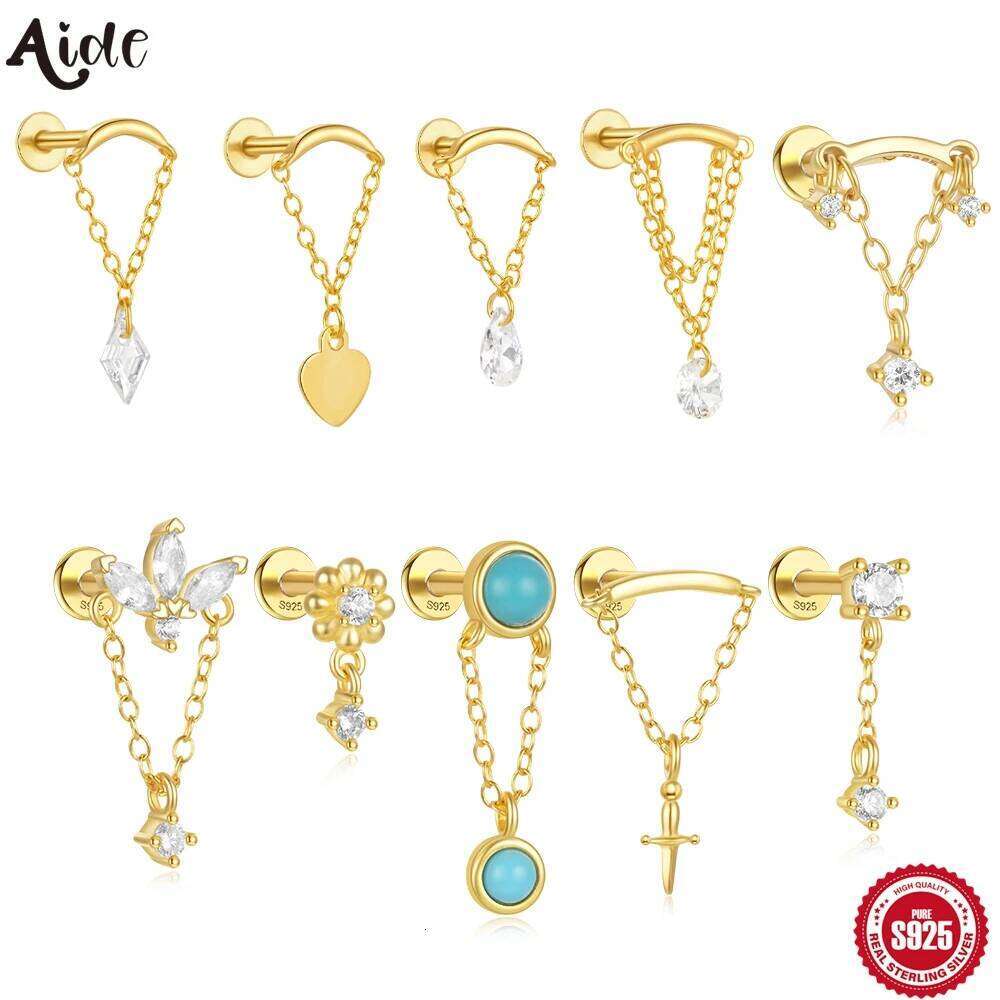 AIDE 925 Sterling Silver Cartilage Stud Women's Earrings Septum Piercing Zircon Ear Hoop Lobe Tragus Helix Jewelry Pendientes
