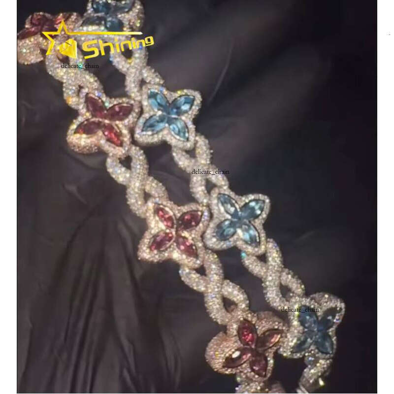 Hot Sale Popular Shining Hip Hop 925 Silver Pink Blue Marquise Infinity Cuban Link VVS Moissanite Bracelet