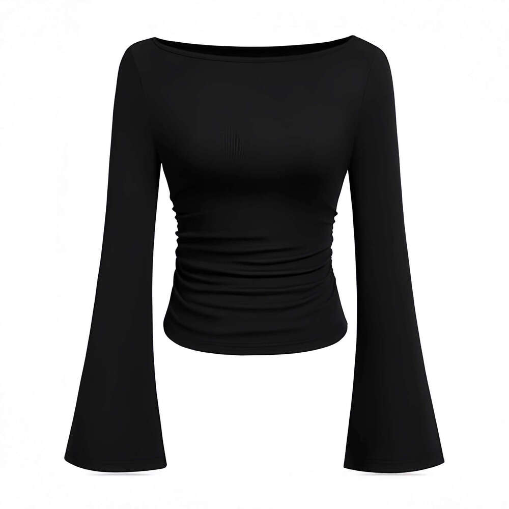 2026 Cross-Border Autumn Winter New Off-Shoulder Versatile Long T-Shirt Women's Slim Fit Flared Sleeve Base Shirt