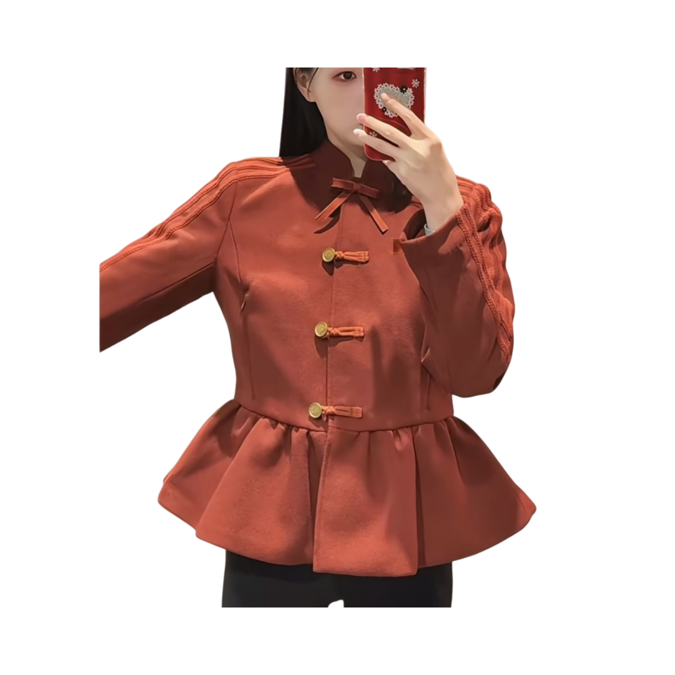 Women's Retro Chinese-Style Frog Button Jacket | Rust Red Textured Fabric | Ruffled Peplum Hem | Ribbed Sleeve Detail | Adorable Bow Collar | Trendy Casual Outerwear