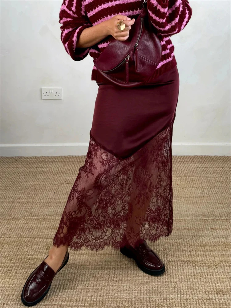 Trendix Women Patchwork Lace Skirts High Waist Slim Hollow Out Maxi Autumn Brown Fashion Party Club Boho Skirt 251231