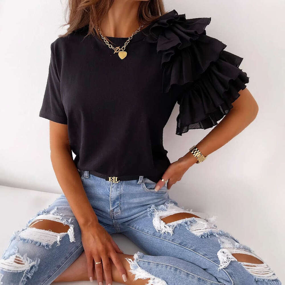 2026 Summer Simple Fashion Ruffled Short Sleeve Round Neck Women's T-Shirt European and American Style