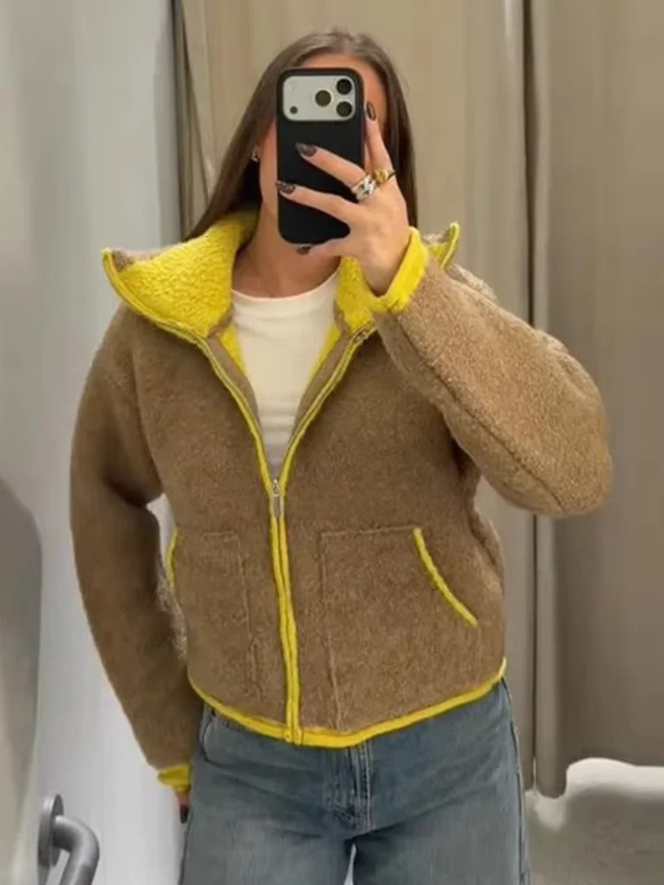 Casual Knitted Short Cardigan Women Chic Stand Collar Zipper Full Sleeves Pockets Loose Sweater Lady Winter Daily Outwear 251229