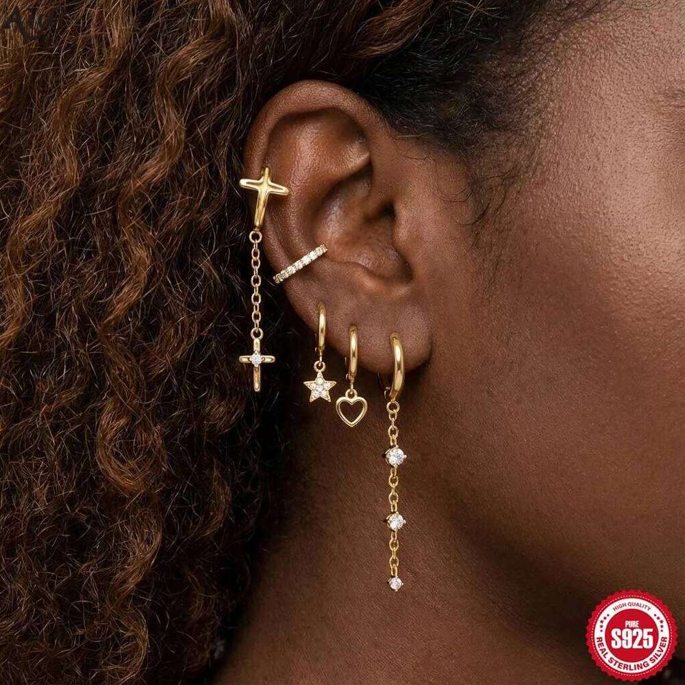 Aide 925 Sterling Silver Long Tassels Chain Black Zircon Piercing Stud Earring For Women Luxury Gold Pendientes Dangling Jewelry