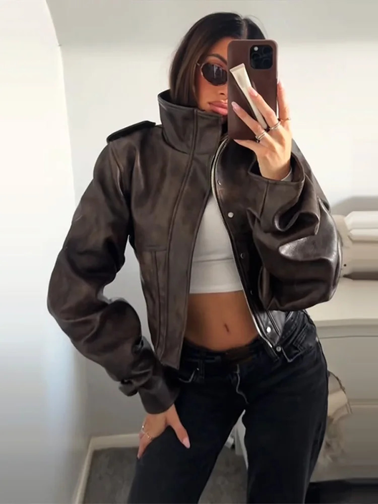 2026 Spring Womens Cropped PU Leather Jacket Stand Collar Long Sleeve Zipper Jackets Fashion Lady Retro Moto Biker Coat Outwear 251231