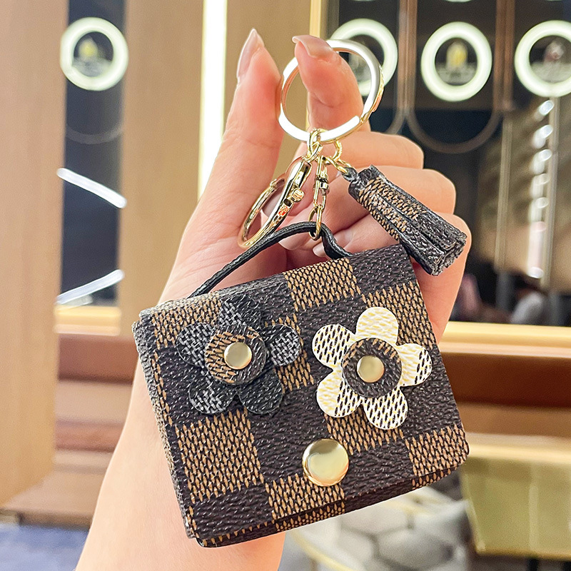 Mini Purse-Shaped Checkerboard Pattern Keychain with Flower Decoration & Tassel Accessory wholesale