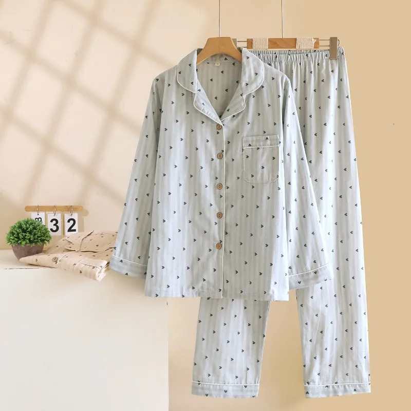 Spring and Autumn Womens Pajama Set 100 Cotton Gauze Vertical Strip Love Long Sleeve Two piece Home Clothing 251231