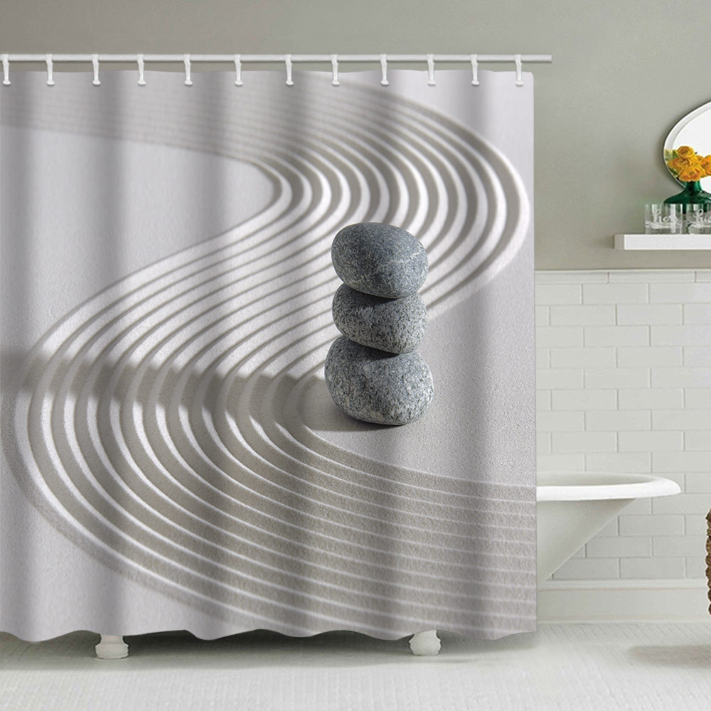 YL-38073 Shower Curtain Set: Wild Grass, Stones, Water Reflections, Printed Polyester Waterproof Shower Curtain, No Drill Required, with Hooks