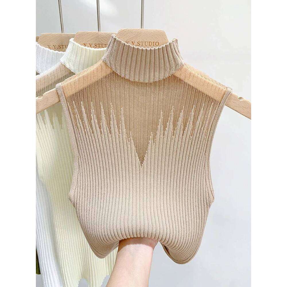 Mesh Knitted Women Y2K Tank Half Neck Vest Female Sleeveless Sweater Chic Cut Out Streetwear Solid Skinny Tube Top