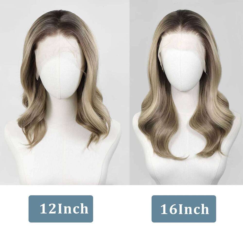 Shoulder Length Ombre Short Wavy Synthetic Wigs 13x4 Lace Front Brown Highlight Blonde Wig For Women Daily Use 150Density