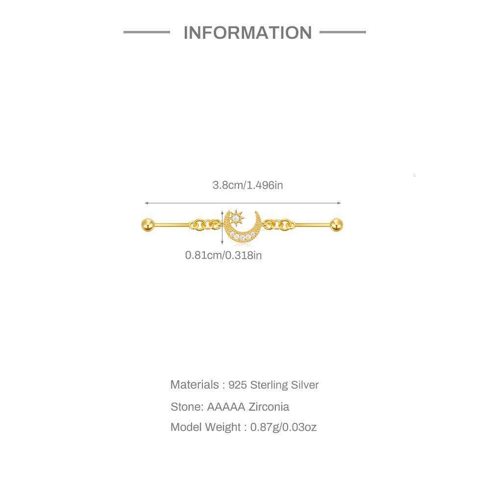 Aide 925 Sterling Silver Barbell Cute Auricular Bridge Earring Moon Star Zircon Transversal Women Body Piercing