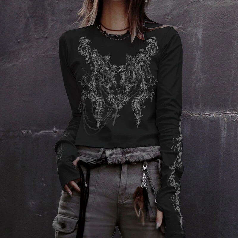 Fashion Cross-Border 2026 Gothic Long Sleeve Trendy T-Shirt Women's Dark New Style Top Wholesale