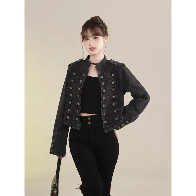 Womens Clothing Short Coat Jeans Jacket Retro Button n Slim Standup Collar Long Sleeves Denim Top 251229
