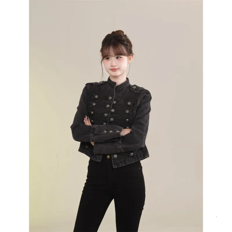 Womens Clothing Short Coat Jeans Jacket Retro Button n Slim Standup Collar Long Sleeves Denim Top 251229