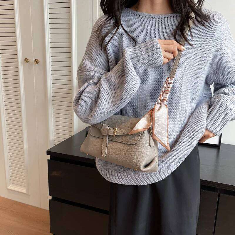 Fashion Women Soft PU Leather Lychee Pattern Cross Body Bags Retro Belt Buckle Flap Shoulder Bag With Scarf Decored JINXIANGGUO TOTE