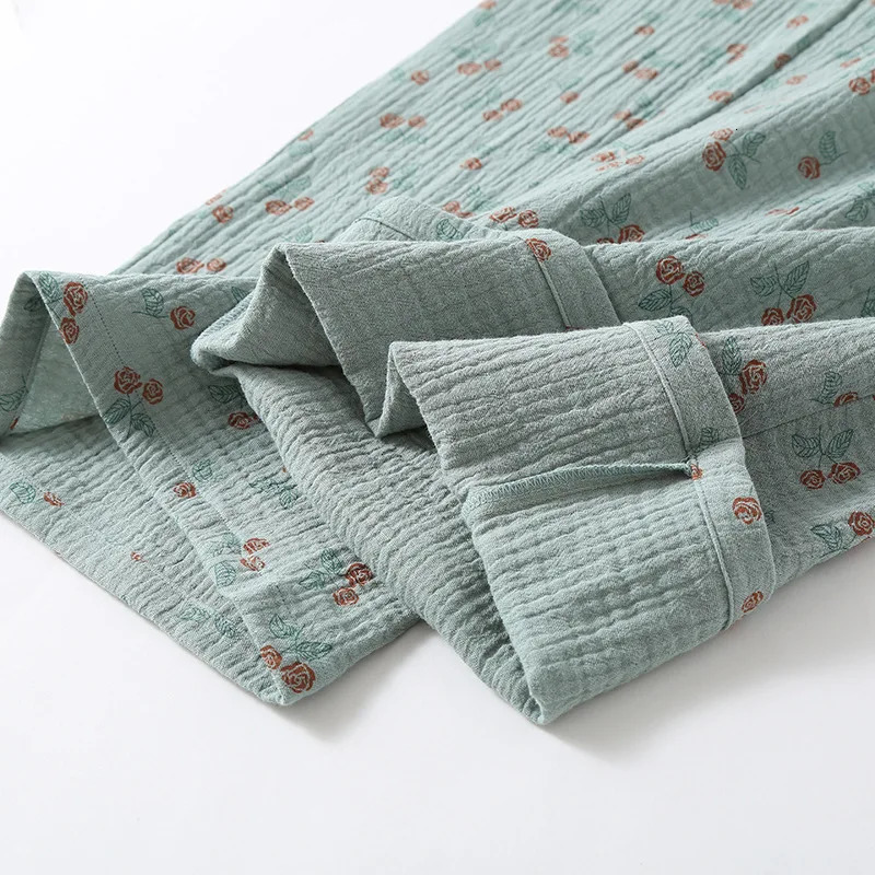 Cotton Doublelayer Gauze Kimono Robes with Long Pants Pajamas Set for Womens Spring and Autumn Thin Style Retro Home Clothes 251231