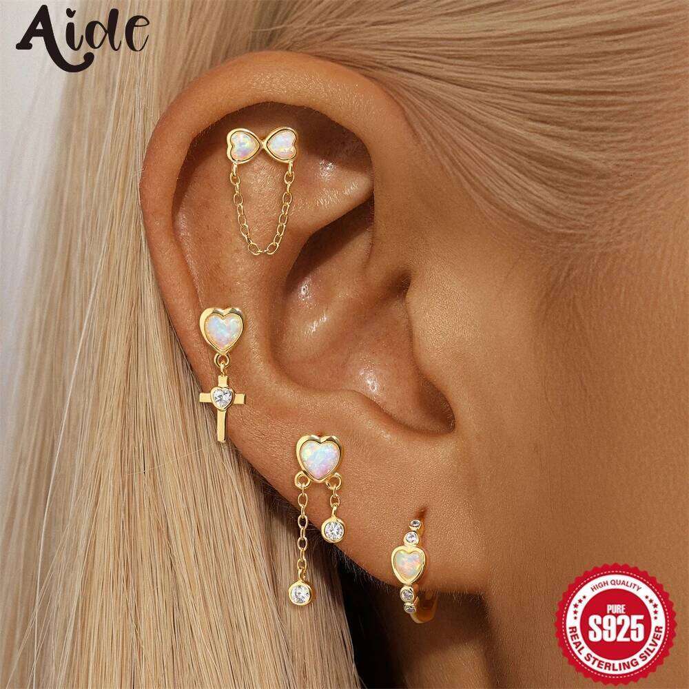Aide 1Pc 925 Sterling Silver Love Heart Shiny Opal Stud Earrings For Women 18K Gold Cartilage Spiral Puncture DIY Fine Jewelry