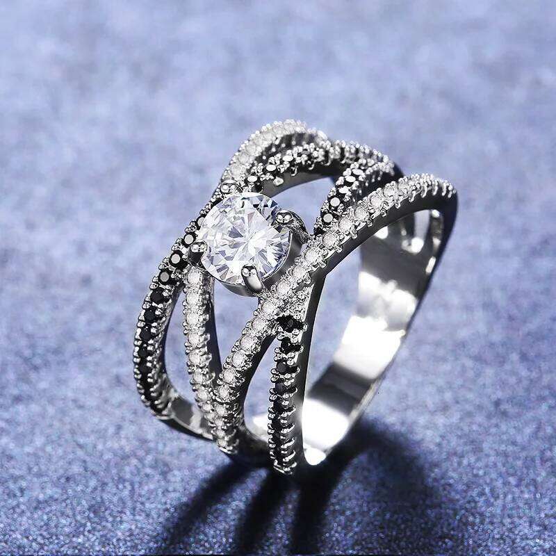 Huitan 2020 New Unique Black Cubic Zirconia Hollow Out Ring For Women Fashion Female Modern Wedding Jewelry Rings Dropshipping