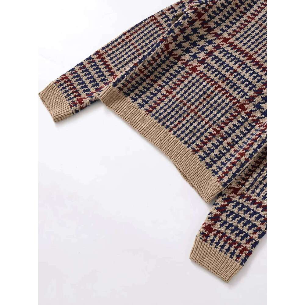 European And American Autumn New Fashion Casual Retro Style Long-Sleeved Houndstooth Blended Knitted Sweater